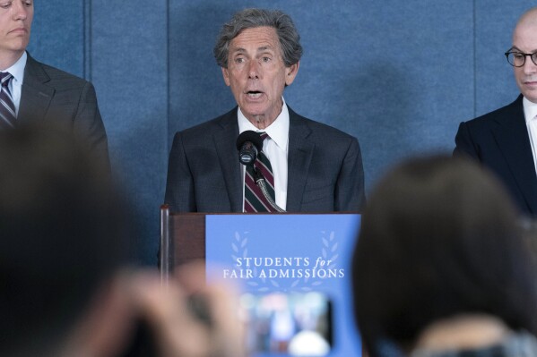 File - Conservative activist Edward Blum speaks at a news conference in Washington, June 29, 2023. Blum is citing Section 1981 of the Civil Rights Act of 1866 to go after a venture capital fund called Fearless Fund, which invests in businesses owned by women of color. (AP Photo/Jose Luis Magana)