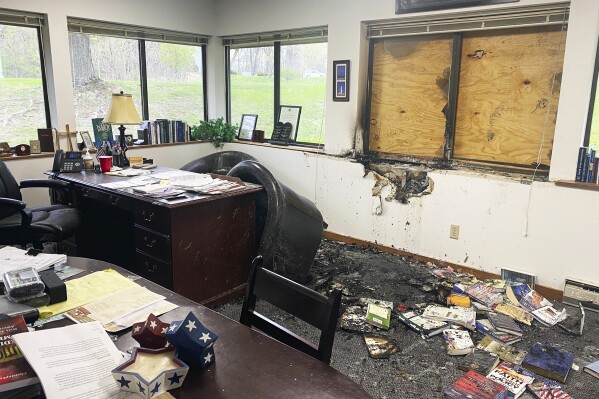 FILE - Damage is seen in the interior of Madison's Wisconsin Family Action headquarters in Madison, Wis., May 8, 2022. Hridindu Roychowdhury, the man accused of firebombing an anti-abortion office last year has decided to plead guilty to a federal charge of damaging property with explosives. Online court records show Roychowdhury entered the plea Monday, Nov. 20, 2023 in the Western District of Wisconsin. (Alex Shur/Wisconsin State Journal via AP, File)