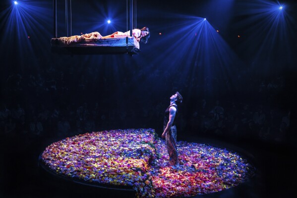 This image released by Polk & Co. shows Rachel Zegler as Juliet, left, and Kit Connor as Romeo, during a performance of "Romeo + Juliet" in New York. (Matthew Murphy and Evan Zimmerman /Polk & Co. via AP)