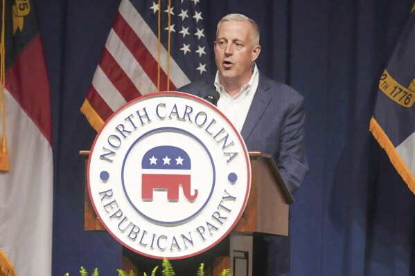 FILE - North Carolina GOP Chairman Michael Whatley speaks at the state party's convention on June 9, 2023, in Greensboro, N.C. (AP Photo/Meg Kinnard, File)