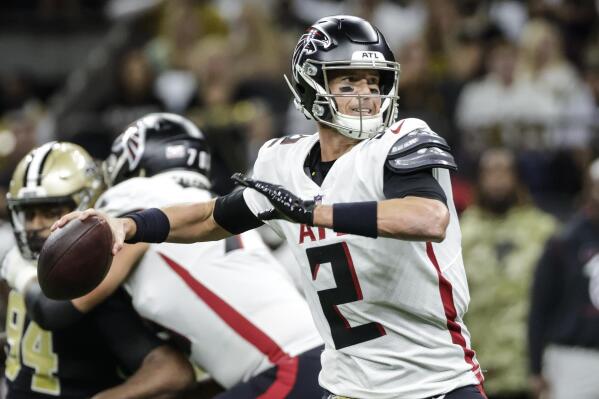 Atlanta Falcons quarterback Matt Ryan (2) works in ther pocket against the New Orleans Saints during the first half of an NFL football game, Sunday, Nov. 7, 2021, in New Orleans. (AP Photo/Derick Hingle)