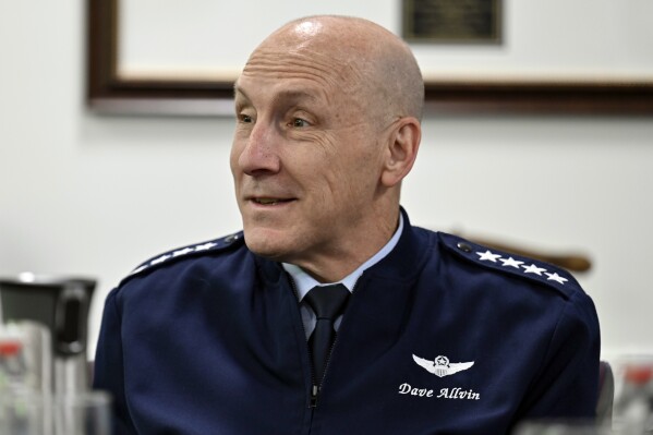 In this image provided by the Air Force, Air Force Vice Chief of Staff Gen. David Allvin speaks with civic leaders from communities near Hill Air Force Base, Utah, during a meeting at the Pentagon, June 21, 2023. The White House has nominated Allvin,a career airlift and cargo pilot with key deployments in Afghanistan and Europe, to serve as the Air Force's next top general. In a notice to Congress posted July 26, the White House nominated Allvin to serve as the service's next chief of staff. (Eric Dietrich/U.S. Air Force via AP)