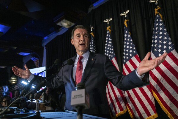 Former U.S. Rep. Tom Suozzi, Democratic candidate for New York's 3rd congressional district, speaks at his election night party Tuesday, Feb. 13, 2024, in Woodbury, N.Y. Suozzi won a special election for the House seat formerly held by George Santos. (AP Photo/Stefan Jeremiah)