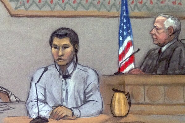 
              FILE - In this June 2, 2014, file courtroom sketch, Dias Kadyrbayev, left, testifies in federal court in Boston. Kadyrbayev, a native of Kazakhstan and friend of Boston Marathon bombing suspect Dzhokhar Tsarnaev,  was deported Oct. 24, 2018, to his native Kazakhstan after he was convicted of concealing evidence in the case. He's been in the custody of the U.S. Immigration and Customs Enforcement in Texas since August 2018. (Jane Flavell Collins via AP, File)
            