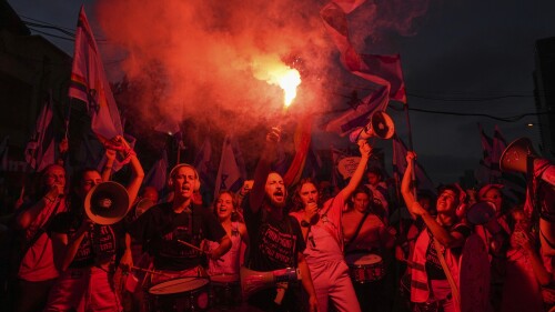 Israelis protest against plans by Prime Minister Benjamin Netanyahu's government to overhaul the judicial system, in Tel Aviv, Israel, Saturday, July 8, 2023. (AP Photo/Tsafrir Abayov)