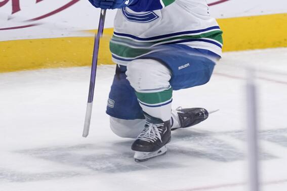 Vancouver Canucks left wing Andrei Kuzmenko celebrates after scoring in overtime of an NHL hockey game against the Dallas Stars, Monday, Feb. 27, 2023, in Dallas. (AP Photo/Tony Gutierrez)