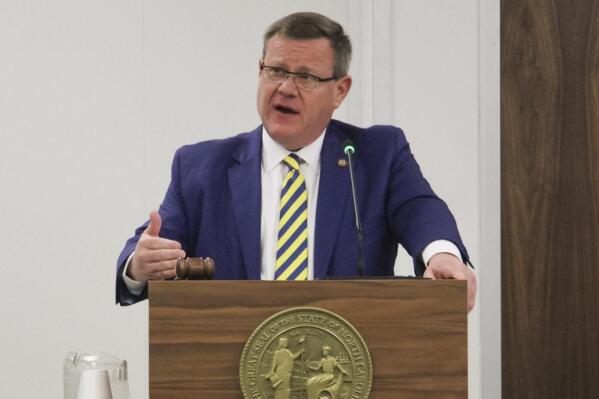 Republican North Carolina House Speaker Tim Moore presents his bill increasing punishments for violent protests before the House Judiciary committee at the Legislative Office Building in Raleigh, N.C., on Wednesday, Feb. 8, 2023. (AP Photo/Hannah Schoenbaum)