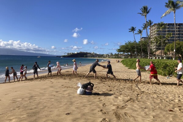 FILE - A group of volunteers who sailed from Maalaea Bay, Maui, form an assembly line on Kaanapali Beach on Aug. 12, 2023, to unload donations from a boat. When the most deadly U.S. fire in a century ripped across the Hawaiian island, it damaged hundreds of drinking water pipes, resulting in a loss of pressure that likely allowed toxic chemicals along with metals and bacteria into water lines. Experts are using strong language to warn Maui residents in Lahaina and Upper Kula not to filter their own tap water. (AP Photo/Rick Bowmer, File)
