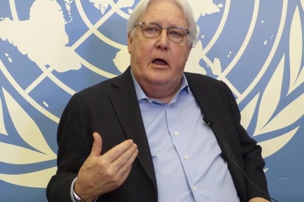 FILE - U.N. humanitarian aid coordinator Martin Griffiths speaks in Geneva, Switzerland, Thursday, May 18, 2023. The U.N. humanitarian aid and refugee agencies appealed Wednesday, Feb. 7, 2024 for $4.1 billion in international support for embattled civilians in Sudan amid signs that some may be dying of starvation after nearly a year of war there between the forces of rival generals. (AP Photo/Jamey Keaten, File)