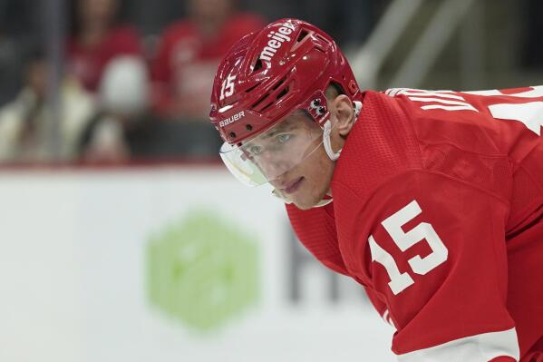 FILE - Detroit Red Wings left wing Jakub Vrana (15) plays against the Arizona Coyotes in the third period of an NHL hockey game Tuesday, March 8, 2022, in Detroit. The Detroit Red Wings placed forward Jakub Vrana on waivers Tuesday, Jan. 3, 2023, two-plus weeks after he returned from the player assistance program set up by the NHL and NHL Players’ Association.(AP Photo/Paul Sancya, File)
