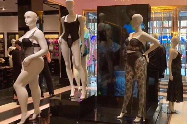 Mannequins are shown at the Victoria's Secret store in New York on Wednesday, Sept. 6, 2023. The lingerie brand has launched its biggest marketing investment in the past five years.Those efforts include highlighting fuller-figure women in ads and store mannequins. (AP Photo/Anne D'Innocenzio)