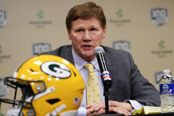 FILE - Green Bay Packers President and CEO Mark Murphy introduces head coach Matt LaFleur at a news conference, Jan. 9, 2019, in Green Bay, Wis. The Green Bay Packers’ profits fell 11.7% over the last fiscal year after a season in which they missed the playoffs and had a regular-season home game moved overseas. The Packers on Wednesday, July 19, 2023, reported a $68.6 million profit from team operations, down from $77.7 million last year. (AP Photo/Morry Gash, File)
