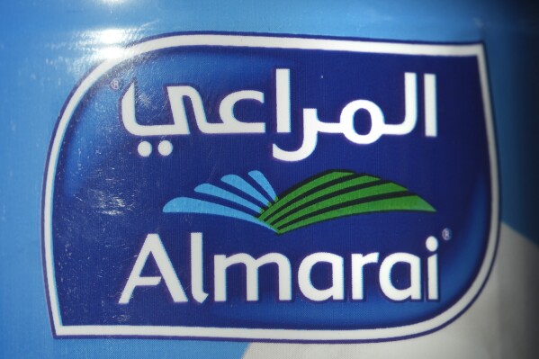 FILE - This image shows an Almarai logo in Cairo, Egypt, on Wednesday, April 26, 2023. Arizona officials said, Thursday, March 7, 2024, a Saudi-owned company they targeted over its use of groundwater to grow forage crops is moving its farming operation out of a valley in the Southwestern state’s rural west. (AP Photo/Amr Nabil, File)