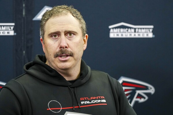 FILE -Atlanta Falcons head coach Arthur Smith speaks during a news conference after their loss against the Carolina Panthers in an NFL football game Sunday, Dec. 17, 2023, in Charlotte, N.C. Smith, who was fired by Atlanta on Jan. 8, is nearing a deal to become the offensive coordinator of the Pittsburgh Steelers a source told The Associated Press on Tuesday, Jan. 30, 2024. (AP Photo/Rusty Jones, File)