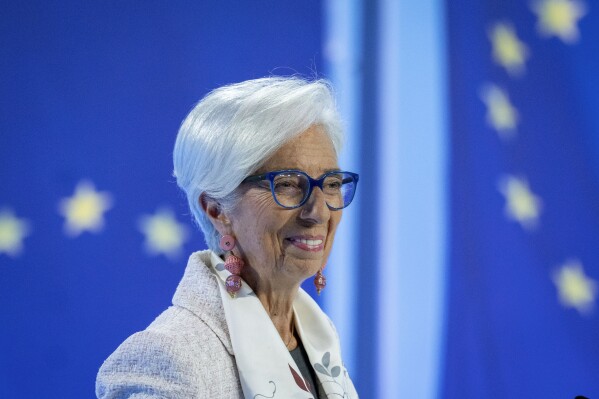 President of European Central Bank Christine Lagarde smiles during a press conference in Frankfurt, Germany, Thursday, July 27, 2023, after a meeting of the ECB's governing council. (AP Photo/Michael Probst)