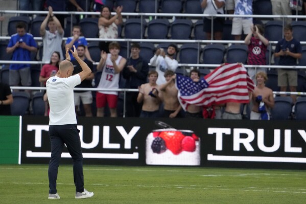 United States head coach Gregg Berhalter applauds following an international friendly soccer match against Uzbekistan Saturday, Sept. 9, 2023, in St. Louis. (AP Photo/Jeff Roberson)