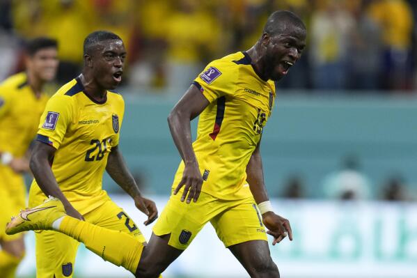 Ecuador's Enner Valencia celebrates scoring his side's second goal against Qatar during a World Cup group A soccer match at the Al Bayt Stadium in Al Khor , Qatar, Sunday, Nov. 20, 2022. (AP Photo/Manu Fernandez)