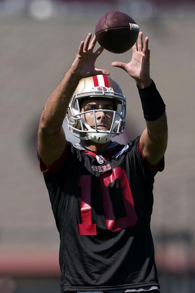 San Francisco 49ers' Jordan Mason takes part in drills at the NFL