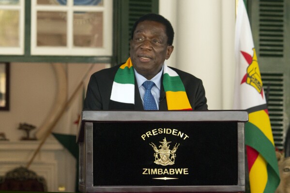 Zimbabwean President Emmerson Mnangagwa addresses a press conference at State House in Harare, Sunday, Aug. 27 2023. Authorities in Zimbabwe say President Emmerson Mnangagwa has been re-elected for a second and final term. The Zimbabwe Election Commission announced late Saturday that Mnangagwa won 52.6% of the votes in the midweek election. (AP Photo/Tsvangirayi Mukwazhi)