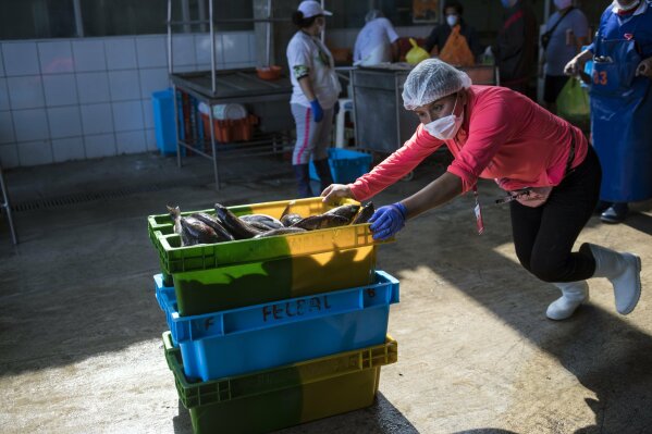 A worker, wearing a face mask as a measure against the spread of the new coronavirus, pushes crates of fish at a marine fish market in Lima, Peru, Monday, April 6, 2020. The new coronavirus causes mild or moderate symptoms for most people, but for some, especially older adults and people with existing health problems, it can cause more severe illness or death. (AP Photo/Rodrigo Abd)