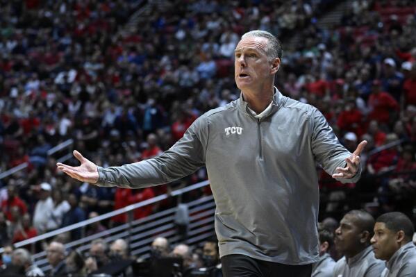 TCU head coach Jamie Dixon reacts on the sideline during the second half of a second-round NCAA college basketball tournament game against Arizona, Sunday, March 20, 2022, in San Diego. (AP Photo/Denis Poroy)