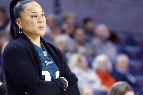 South Carolina head coach Dawn Staley watches during the second half of an NCAA college basketball game against Auburn, Feb. 9, 2023, in Auburn, Ala. Staley embraced the change on her South Carolina Gamecocks. If only things came a little bit quicker. Staley opened practice Thursday, Sept. 28 2023 minus the skilled and accomplished “Freshies,” led by All-Americans Aliyah Boston and Zia Cooke who left a legacy of trophies and championships for this team to match. (AP Photo/Butch Dill)