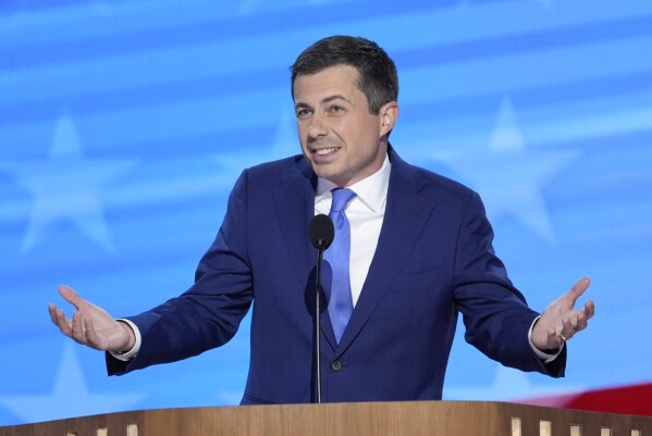 Transportation Secretary Pete Buttigieg speaks during the Democratic National Convention, Aug. 21, 2024, in Chicago. (AP Photo/J. Scott Applewhite, File)