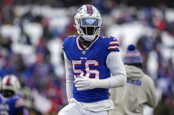 FILE - Buffalo Bills defensive end Leonard Floyd warms up before an NFL wild-card playoff football game, Jan. 15, 2024, in Orchard Park, NY. The San Francisco 49ers agreed to a two-year contract, $20 million contract with Floyd. A person familiar with the deal confirmed the sides reached agreement on Monday, March 11, 2024, at the start of the free agent negotiating period. The person spoke on condition of anonymity because the contract can't be signed until the start of the new league year on Wednesday. (AP Photo/Matt Durisko, File)