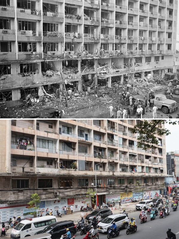 This combination of photos shows the wrecked exterior of the Victoria Hotel, a U.S. officers' billet in Saigon, South Vietnam, after it was attacked by Viet Cong fighters in April 1, 1966, top, and the same building in Ho Chi Minh City, Vietnam, April 18, 2025. (AP Photo/John Nance, Thanh Hue)
