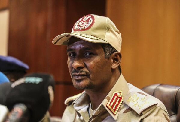 FILE - In this April 30, 2019 file photo, Sudanese Gen. Mohamed Hamdan Dagalo, the deputy head of the military council speaks at a press conference in Khartoum, Sudan. Dagalo on Tuesday, March 7, 2023, slammed Sudan's ruling generals who he says oppose stepping down to allow for a democratic transition under a civilian administration. (AP Photo/File)