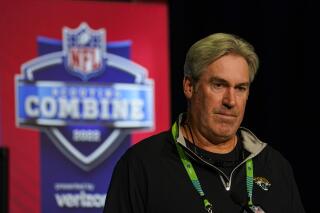 Jacksonville Jaguars head coach Doug Pederson speaks during a press conference at the NFL football scouting combine in Indianapolis, Tuesday, March 1, 2022. (AP Photo/Michael Conroy)