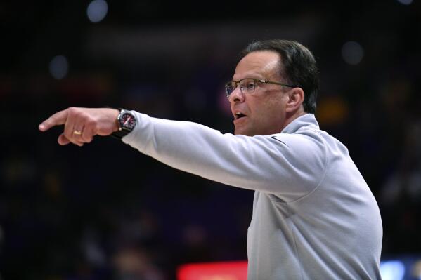 FILE -Georgia coach Tom Crean gestures during the team's NCAA college basketball game against LSU on Wednesday, Feb. 16, 2022, in Baton Rouge, La. Georgia coach Tom Crean was missing one of his assistant coaches in Saturday's 85-68 loss to Mississippi following an incident during a game earlier in the week. Wade Mason, in his first season on Crean's staff, has been suspended pending an investigation by school officials. Mason was not with the team on Saturday following a reported altercation with a staff member at halftime of Wednesday night's 84-65 loss at Louisiana State.(Hilary Scheinuk/The Advocate via AP, File)