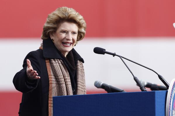 Sen. Debbie Stabenow, D-Mich., speaks outside the state Capitol in Lansing, Mich., Jan. 1, 2023. Stabenow announced on Jan. 5, she will not run for reelection in 2024. (AP Photo/Al Goldis, File)