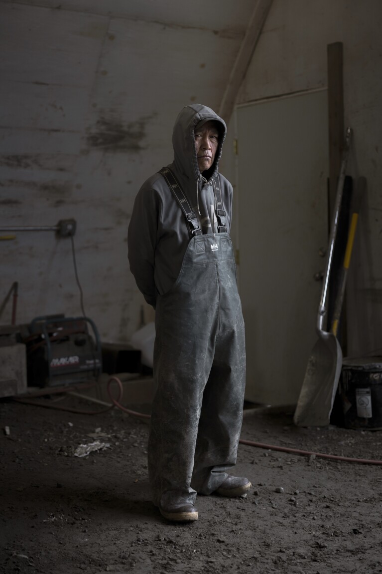 Thomas Noatak poses for a portrait on Main Street, Friday, Aug. 18, 2023, in Akiachak, Alaska. (AP Photo/Tom Brenner)