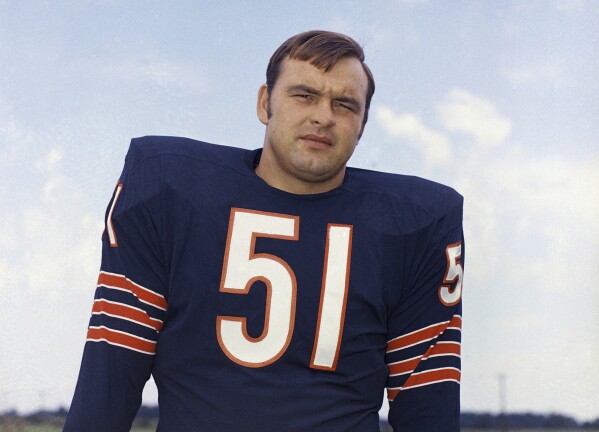 FILE - Chicago Bears linebacker Dick Butkus poses for a photo in 1970. Butkus, a fearsome middle linebacker for the Bears, has died, the team announced Thursday, Oct. 5, 2023. He was 80. According to a statement released by the team, Butkus' family confirmed that he died in his sleep overnight at his home in Malibu, Calif. (AP Photo, File)