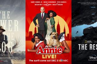 This combination of photos shows promotional art for "The Power of the Dog," a film premiering on Netflix on Dec. 1, left, "Annie Live!," premiering Dec. 2 on NBC, and "The Rescue," a documentary premiering Dec. 3 on Disney+. (Netflix/NBC/Disney+ via AP)