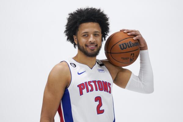 Detroit Pistons guard Cade Cunningham poses during the NBA basketball team's media day in Detroit, Monday, Sept. 26, 2022. (AP Photo/Paul Sancya)
