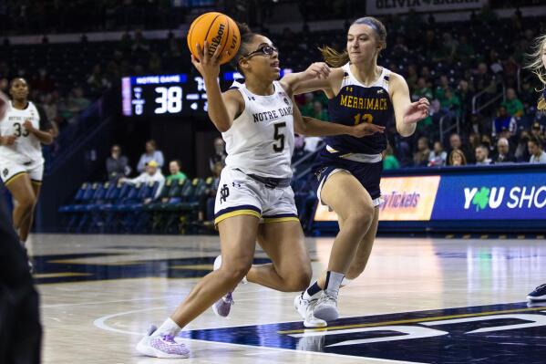 Notre Dame's Olivia Miles (5) drives against Merrimack's Alana Fursman (12) during the first half of an NCAA college basketball game on Saturday, Dec. 10, 2022 in South Bend, Ind. (AP Photo/Michael Caterina)