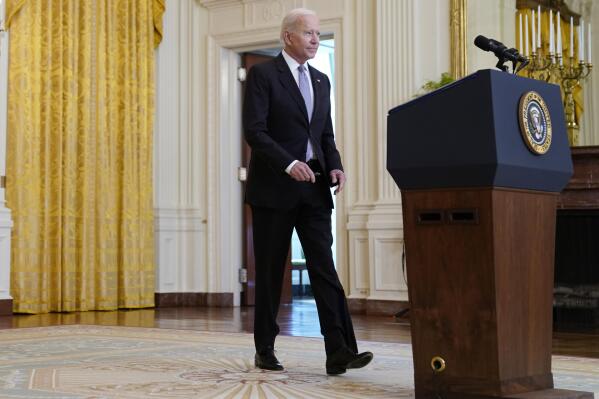 President Joe Biden arrives to speak about distribution of COVID-19 vaccines, in the East Room of the White House, Monday, May 17, 2021, in Washington. (AP Photo/Evan Vucci)