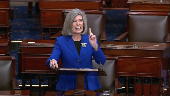 This image from Senate Television video shows Sen. Joni Ernst, R-Iowa, speaking on the Senate floor Wednesday, Nov. 1, 2023. (Senate Television via AP)