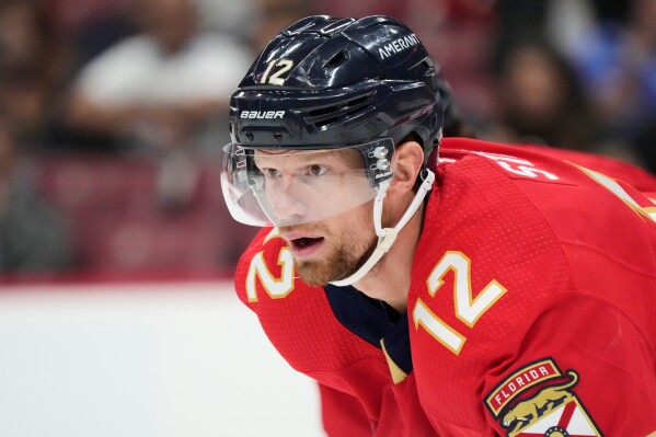 Florida Panthers center Eric Staal waits for a face off during the first period of an NHL hockey game against the Pittsburgh Penguins, Saturday, March 4, 2023, in Sunrise, Fla. (AP Photo/Wilfredo Lee, File)