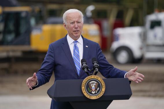 President Joe Biden delivers remarks on his "Build Back Better" agenda during a visit to the International Union Of Operating Engineers Local 324, Tuesday, Oct. 5, 2021, in Howell, Mich. (AP Photo/Evan Vucci)