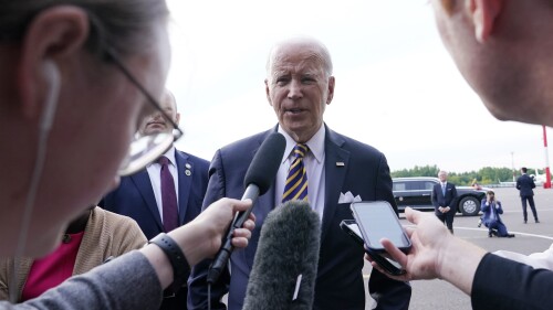 President Joe Biden speaks to the media before boarding Air Force One in Vilnius, Lithuania, Wednesday, July 12, 2023. Biden was attending the NATO Summit and is heading to Helsinki, Finland. (AP Photo/Susan Walsh)