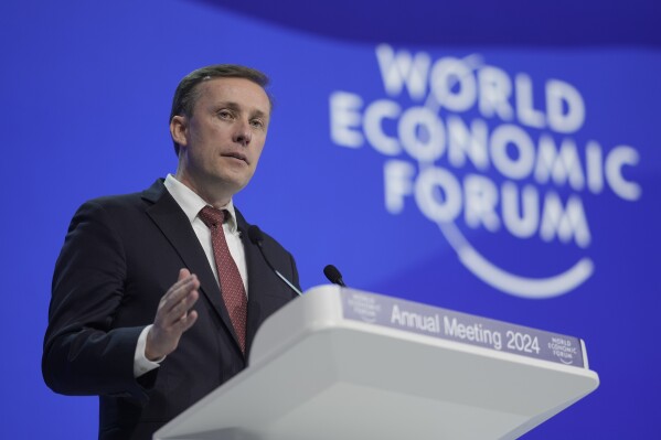 Jake Sullivan, U.S. National Security Advisor speaks during the Annual Meeting of World Economic Forum in Davos, Switzerland, Tuesday, Jan. 16, 2024. The annual meeting of the World Economic Forum is taking place in Davos from Jan. 15 until Jan. 19, 2024.(AP Photo/Markus Schreiber)