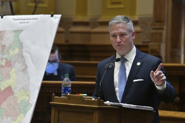 FILE - Georgia Sen. John Kennedy, R-Macon, introduces a redistricting bill during a special session at the state Capitol, Nov. 9, 2021, in Atlanta. A trial challenging the maps began on Tuesday, Sept. 5, 2023, in federal court in Atlanta. (Hyosub Shin/Atlanta Journal-Constitution via AP, File)