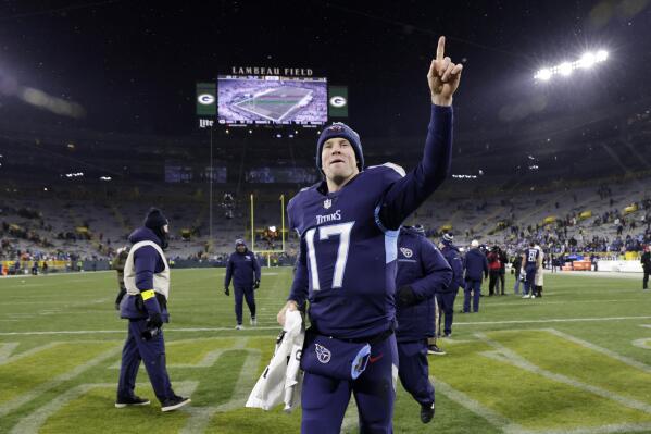 Tennessee Titans quarterback Ryan Tannehill (17) celebrates as he leaves the field after the team's NFL football game against the Green Bay Packers Thursday, Nov. 17, 2022, in Green Bay, Wis. (AP Photo/Mike Roemer)