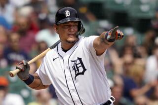 FILE - Detroit Tigers' Miguel Cabrera plays during a baseball game, Sunday, July 24, 2022, in Detroit. The United States’ Mike Trout and Mookie Betts, Japan’s Shohei Ohtani and Venezuela’s Miguel Cabrera and Jose Altuve are among eight Most Valuable Players on rosters for next month’s World Baseball Classic. (AP Photo/Carlos Osorio, File)