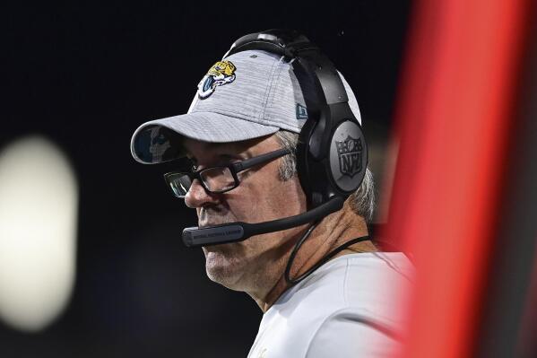 Jacksonville Jaguars coach Doug Pederson watches from the sideline during the first half of the team's NFL football exhibition Hall of Fame Game against the Las Vegas Raiders on Thursday, Aug. 4, 2022, in Canton, Ohio. (AP Photo/David Dermer)