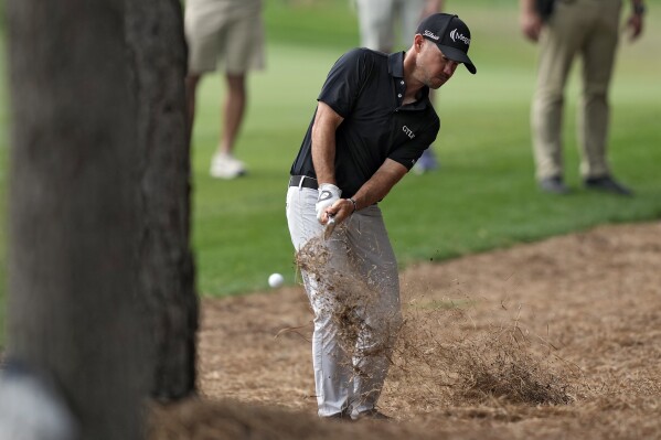 Brian Harman hits from the pine straw on the 16th fairway during the final round of The Players Championship golf tournament Sunday, March 17, 2024, in Ponte Vedra Beach, Fla. (AP Photo/Lynne Sladky)