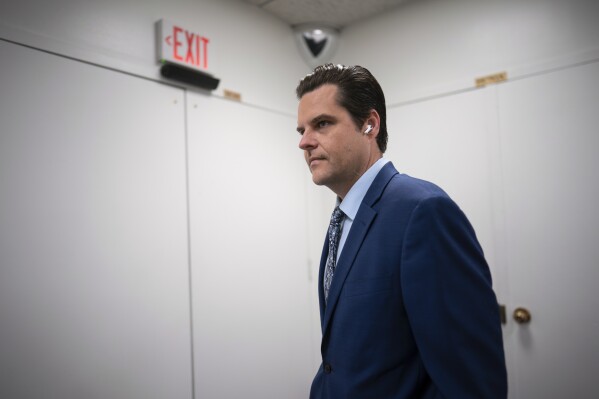 Rep. Matt Gaetz, R-Fla., arrives for a closed-door meeting with House Republicans on the morning after he filed a motion to strip Speaker of the House Kevin McCarthy, R-Calif., from his leadership role, at the Capitol in Washington, Tuesday, Oct. 3, 2023. (AP Photo/J. Scott Applewhite)